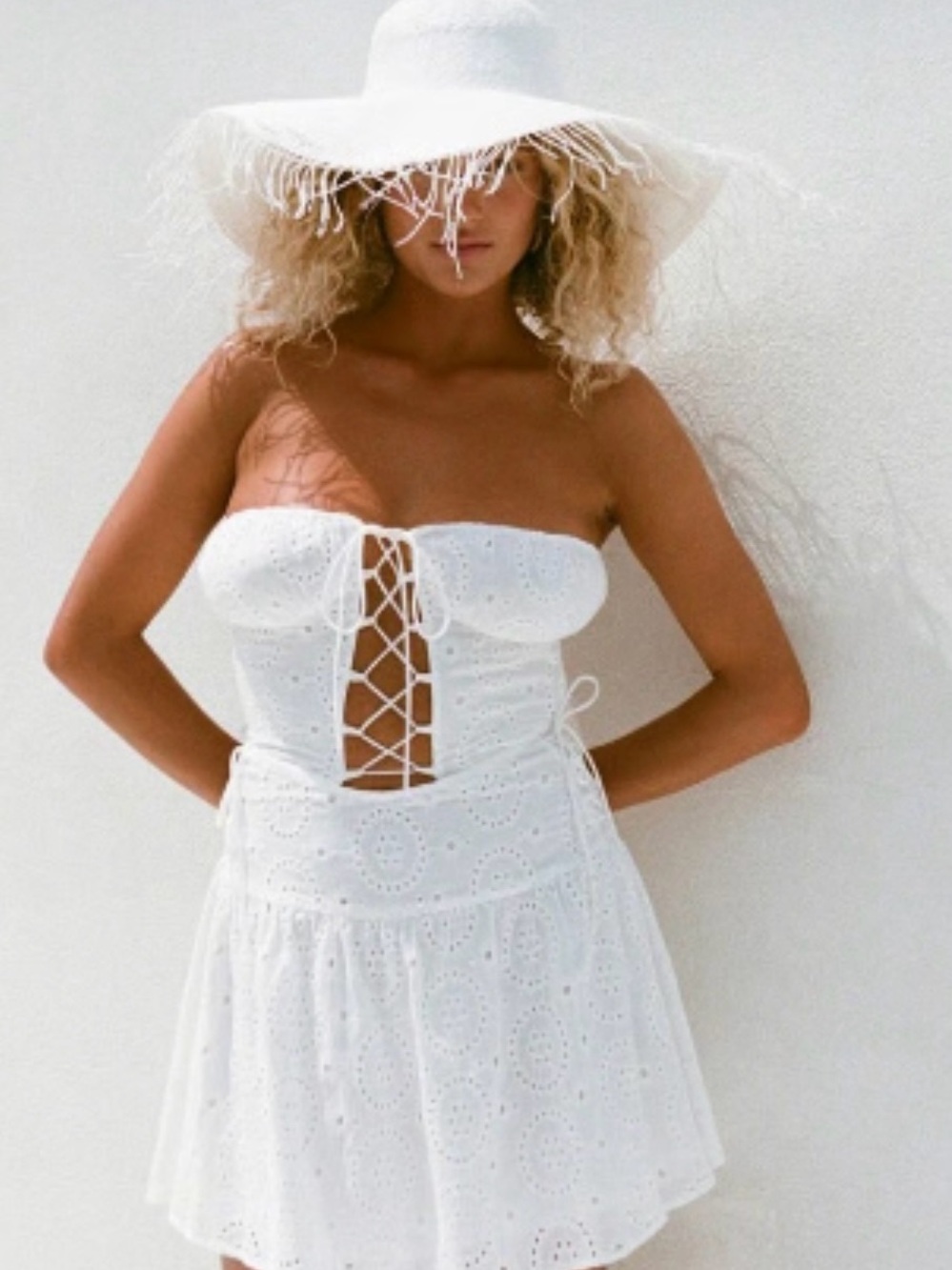 NWT SABO SKIRT VIVIAN DRESS White Eyelet Lace-Up Strapless Mini Dress